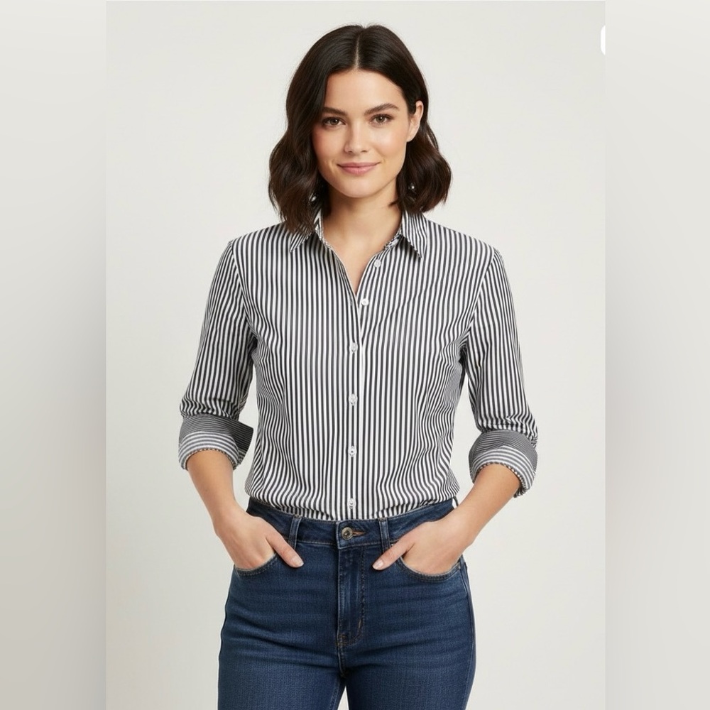 Banana Republic Charcoal/White Vertical Stripes button down shirt,Cotton Blend,8